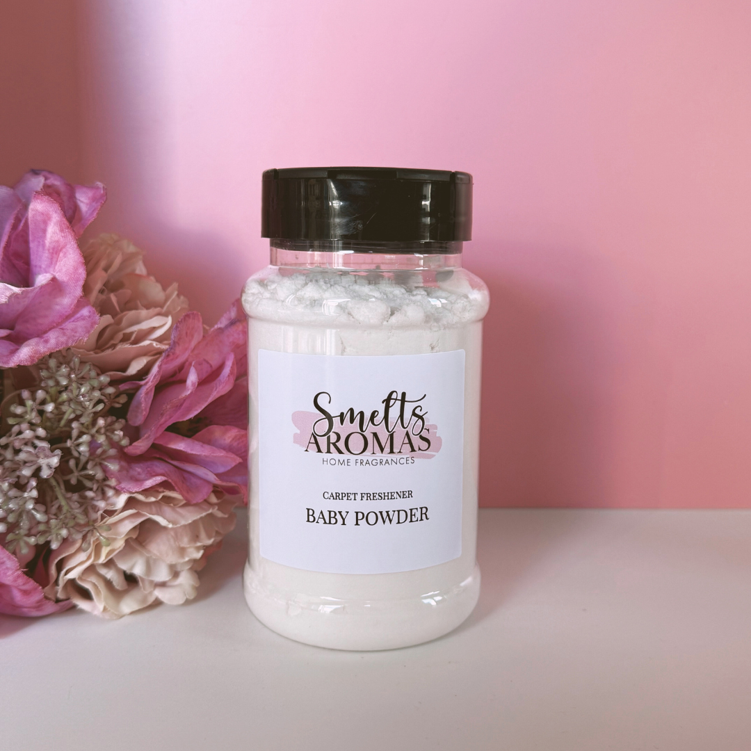 Baby Powder Carpet Freshener by Smelts Aromas – handmade soft floral and powdery home fragrance with rose, jasmine, and geranium for fresh, clean carpets.