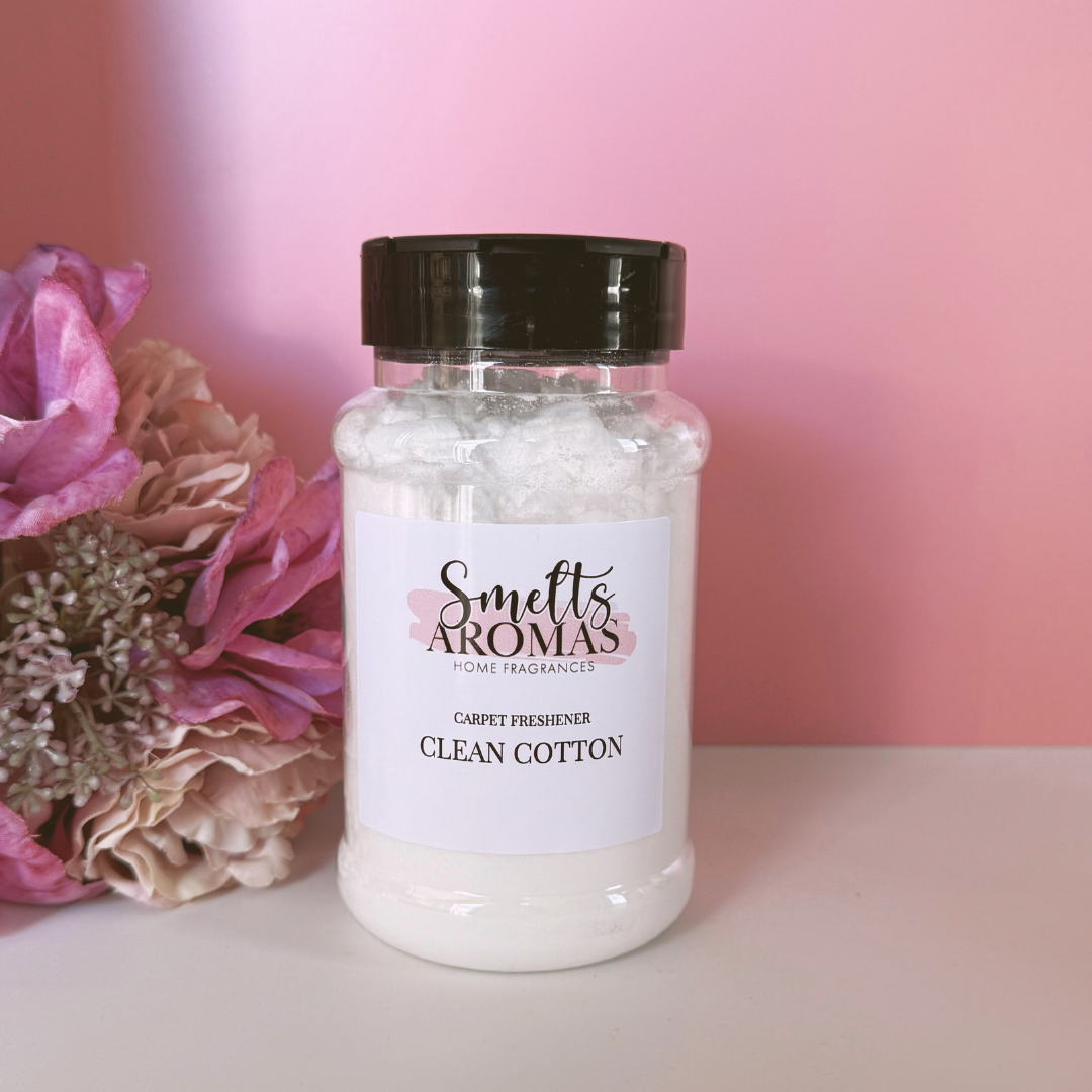Clean Cotton Carpet Freshener by Smelts Aromas – handmade fresh linen and floral fragrance with violet, jasmine, and orange blossom for a clean home scent.