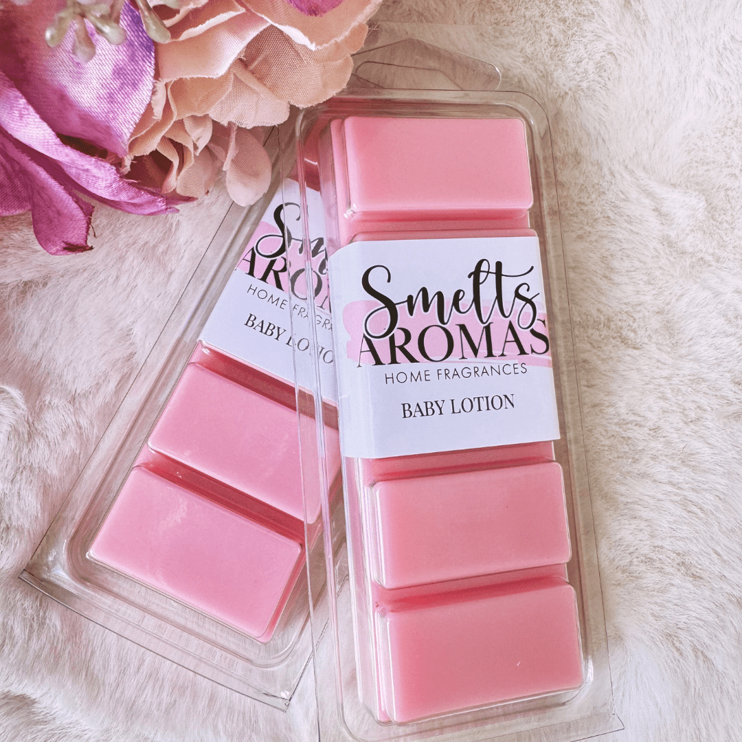 Baby Lotion Wax Melt by Smelts Aromas – handmade powdery floral wax melt with rose, jasmine, iris, and soft musky fragrance for a fresh, clean home scent.