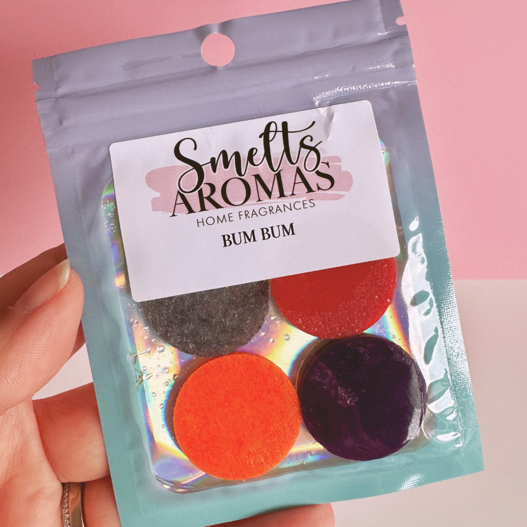 Bum Bum Hoover Discs by Smelts Aromas – handmade tropical vacuum scent boosters with coconut, peach, jasmine, and vanilla for a fresh, fruity home fragrance.