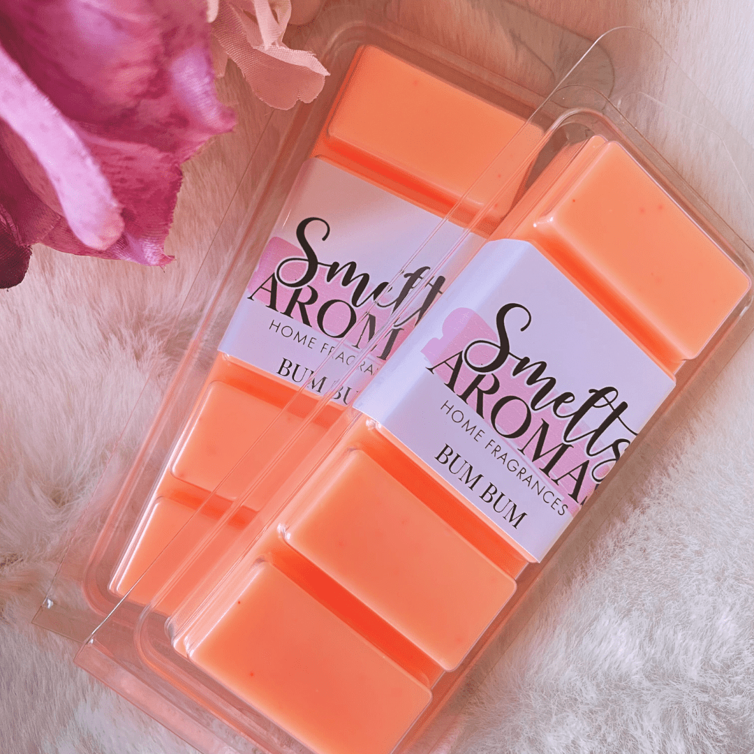 Bum Bum Wax Melt by Smelts Aromas – handmade tropical wax melt with coconut, peach, jasmine, and vanilla for a warm, fruity, and exotic home scent.