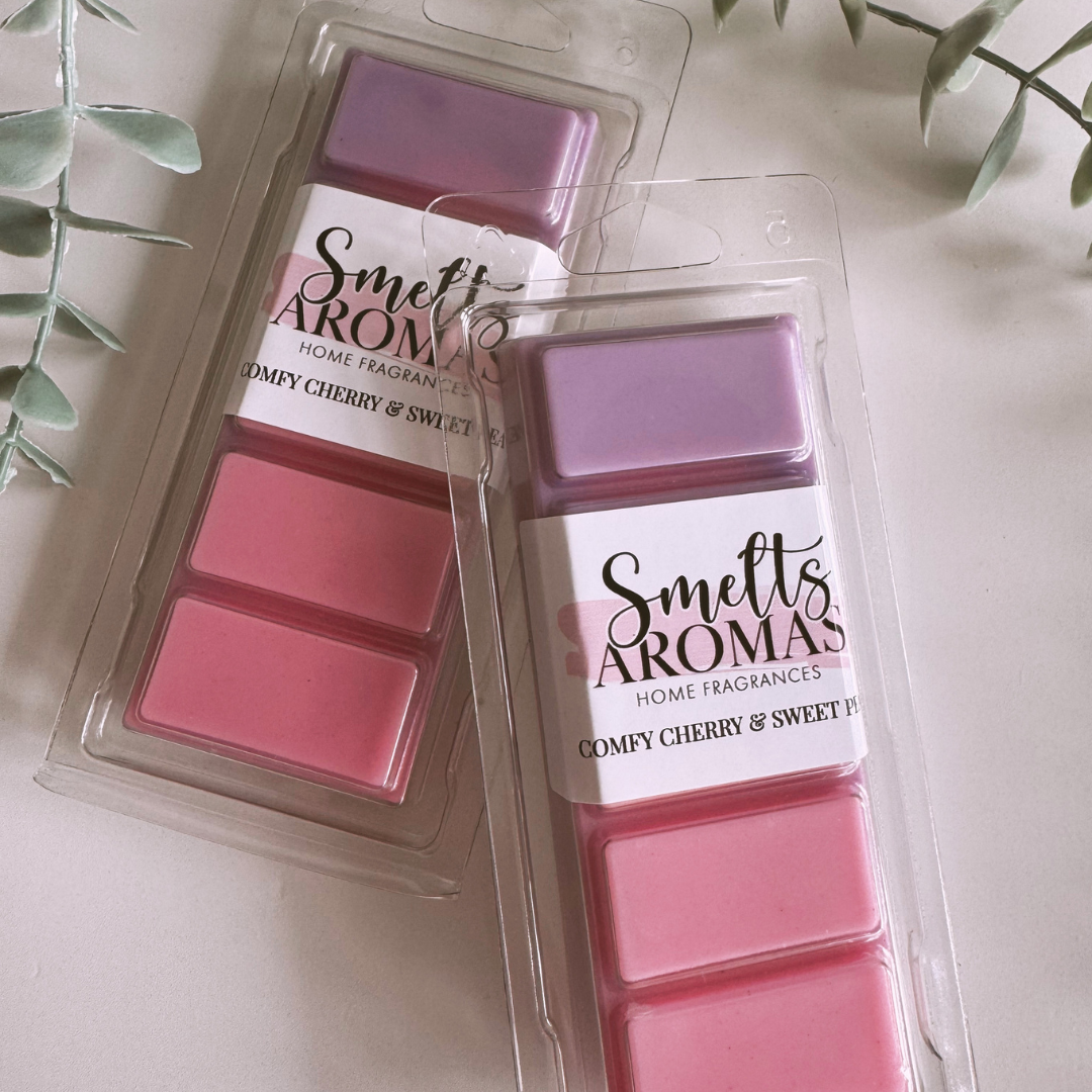 Comfy Cherry & Sweet Pea Wax Melt by Smelts Aromas – handmade floral and fruity wax melt with cherry blossom, rose, peach, and sweet pea for a cosy, fresh home fragrance.