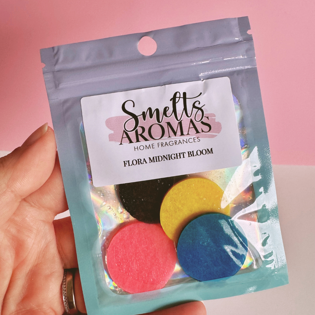 Flora Midnight Bloom Hoover Discs by Smelts Aromas – handmade vacuum scent boosters with oriental rose, orange blossom, and dark amber fragrance for a warm, luxurious home scent.