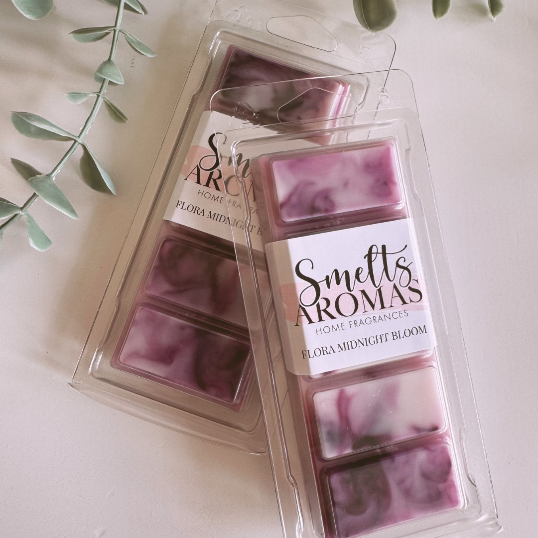 Flora Midnight Bloom Wax Melt by Smelts Aromas – handmade floral and amber wax melt with oriental rose, orange blossom, and dark amber for a luxurious home fragrance.