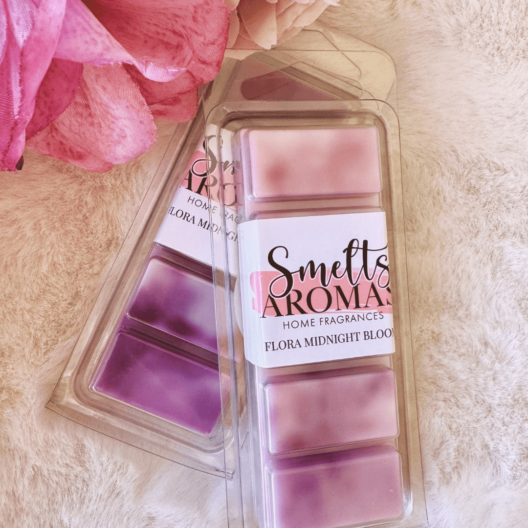 Flora Midnight Bloom Wax Melt by Smelts Aromas – handmade floral and amber wax melt with oriental rose, orange blossom, and dark amber for a luxurious home fragrance.