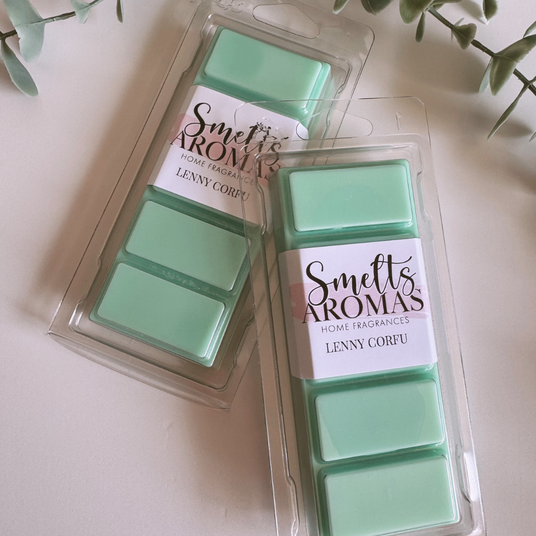 Lenny Corfu Wax Melt by Smelts Aromas featuring lemon blossom, jasmine and fresh linen Greek-inspired home fragrance.