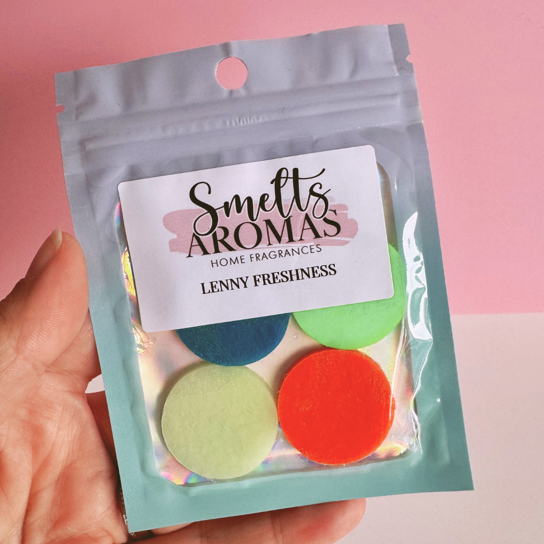 Lenny Freshness Hoover Discs by Smelts Aromas – fruity floral orange blossom, apple, violet and lily vacuum fragrance discs.