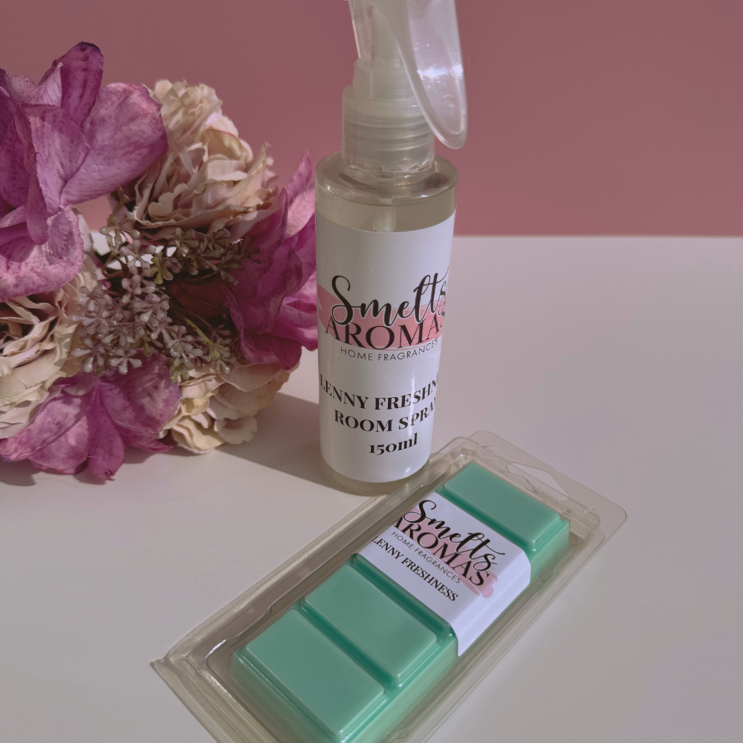 Smelts Aromas Lenny Freshness room spray and wax melts bundle deal with a flower in the background with a pink background