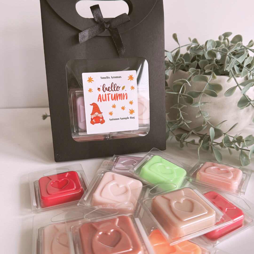 A black gift bag with a clear window displaying a sample pack labeled 'hello AUTUMN' by Smelts Aromas, with several square wax melts in colorful plastic clamshell packs arranged in front on a white surface beside a potted eucalyptus plant.