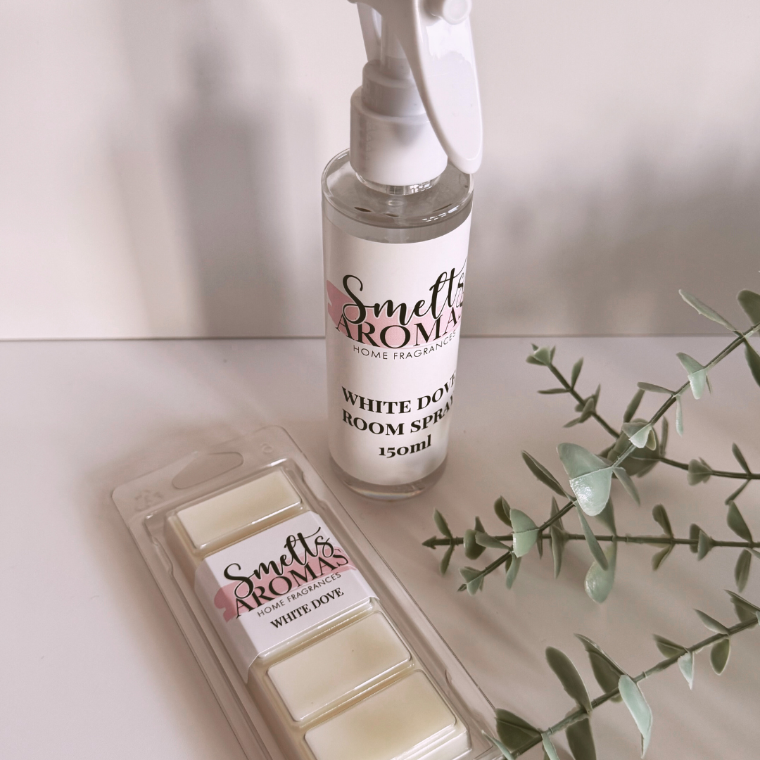 White Dove Room Spray & Wax Melt by Smelts Aromas – soft floral rose and jasmine with musk and creamy buttermilk home fragrance.
