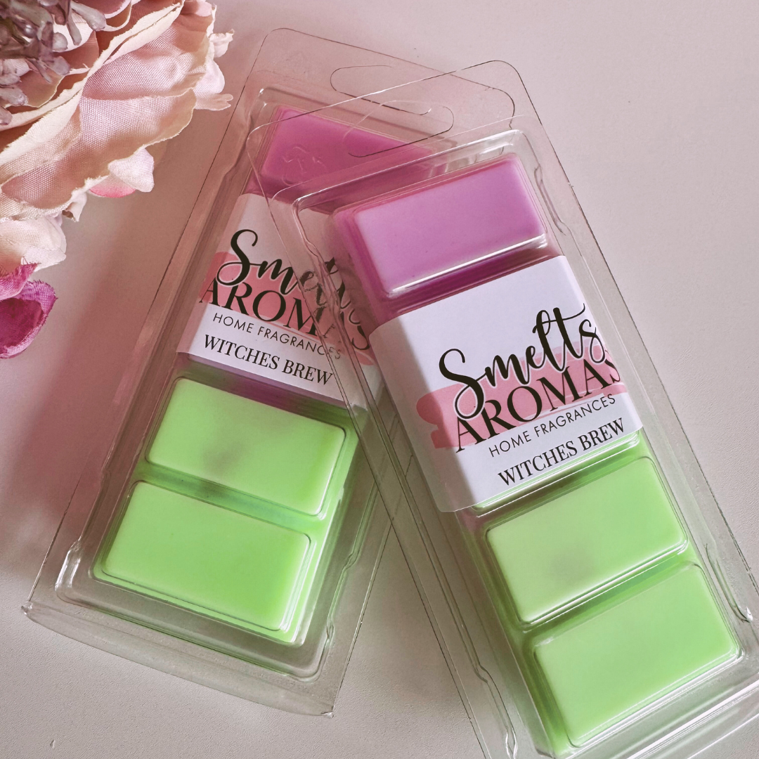 Witches Brew Wax Melt by Smelts Aromas – two clamshell packs of hand-poured wax melts in bright green and purple shades