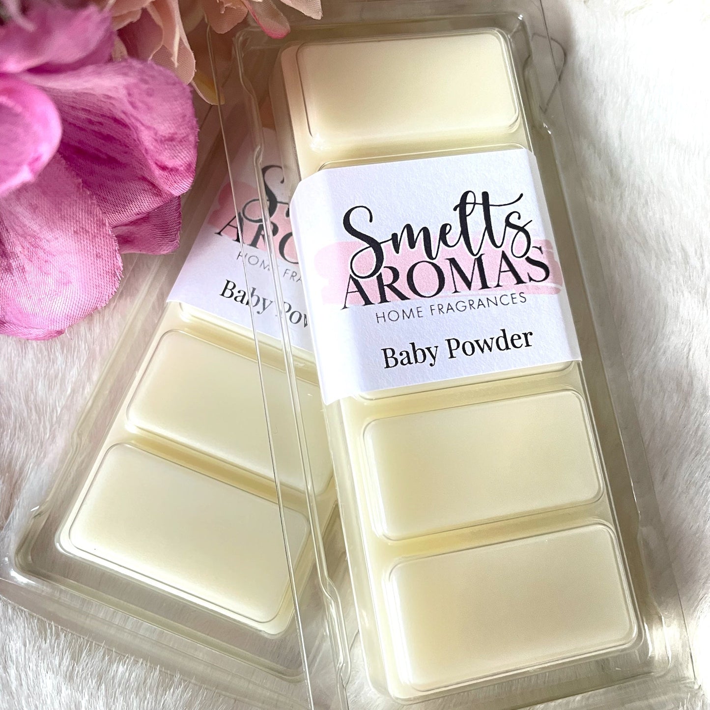 Baby Powder Wax Melt by Smelts Aromas – handmade powdery floral wax melt with rose, jasmine, and geranium fragrance for a clean, comforting home scent.