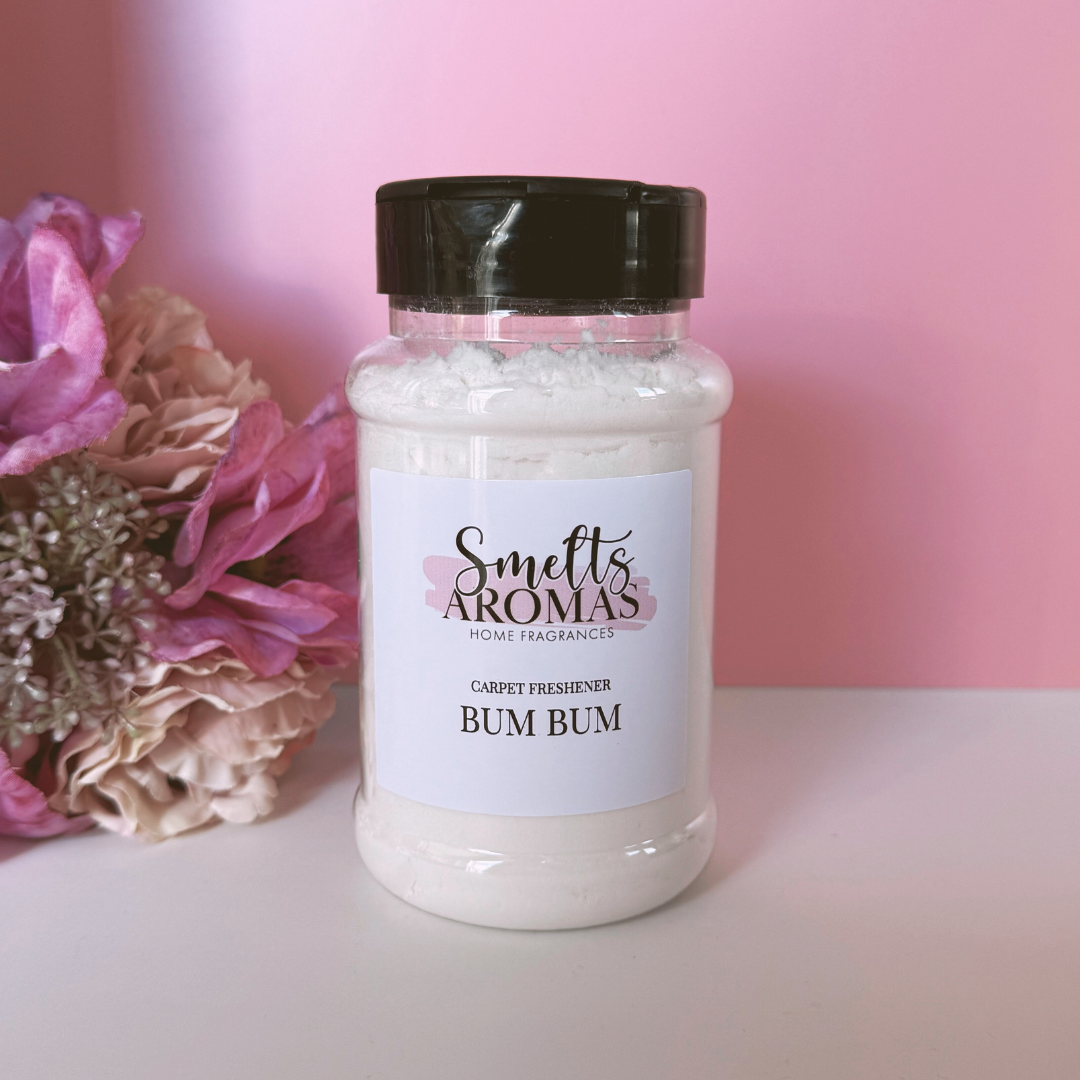 Bum Bum Carpet Freshener by Smelts Aromas – handmade fruity and tropical home fragrance with coconut, peach, jasmine, and vanilla for a clean, summer-fresh scent.