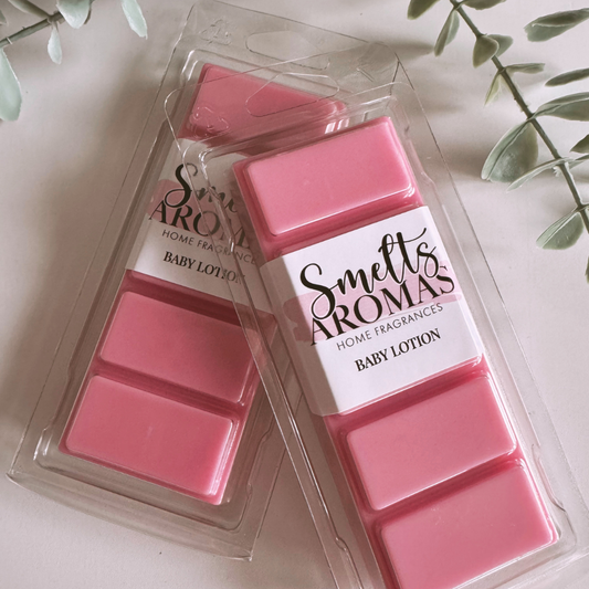 Baby Lotion Wax Melt by Smelts Aromas – handmade powdery floral wax melt with rose, jasmine, iris, and soft musky fragrance for a fresh, clean home scent.