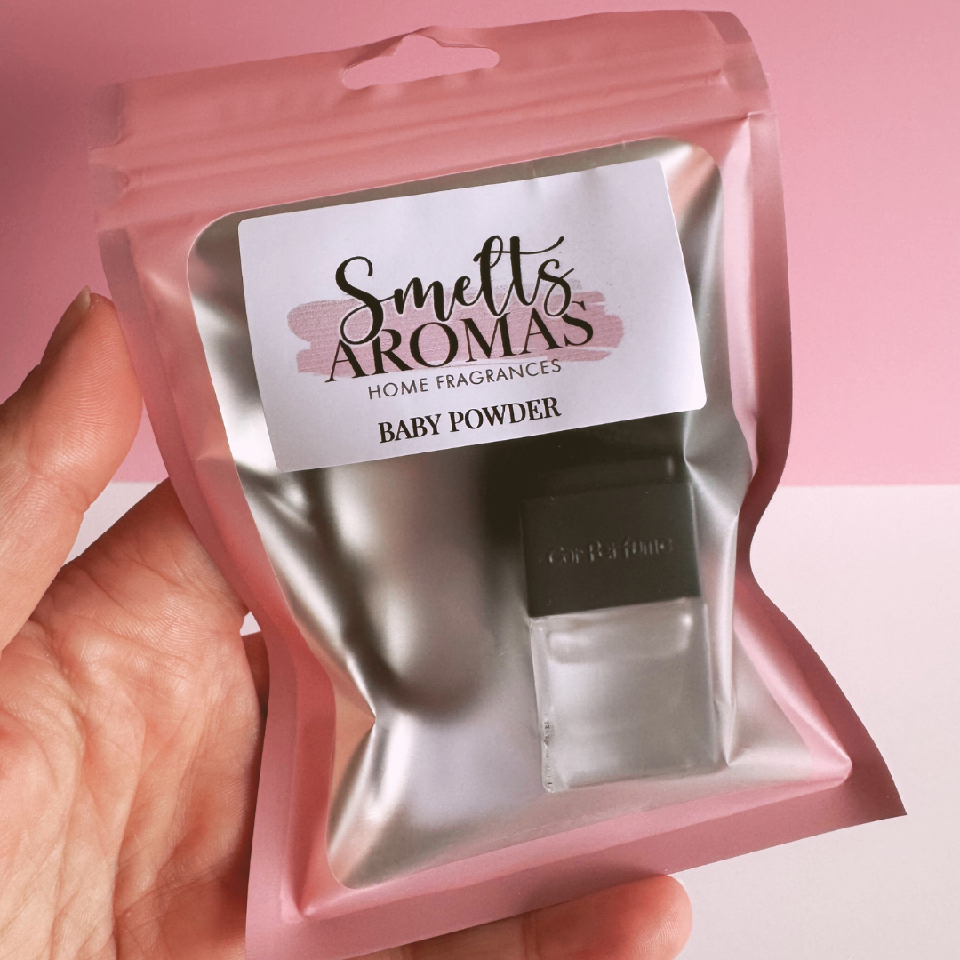 Baby Powder Car Perfume by Smelts Aromas – handmade car air freshener with rose, jasmine, geranium, and powdery fragrance for a clean, comforting scent.