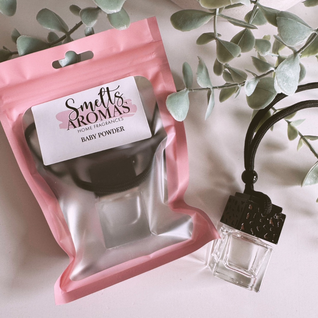 Baby Powder Car Perfume by Smelts Aromas – handmade car air freshener with rose, jasmine, geranium, and powdery fragrance for a clean, comforting scent.