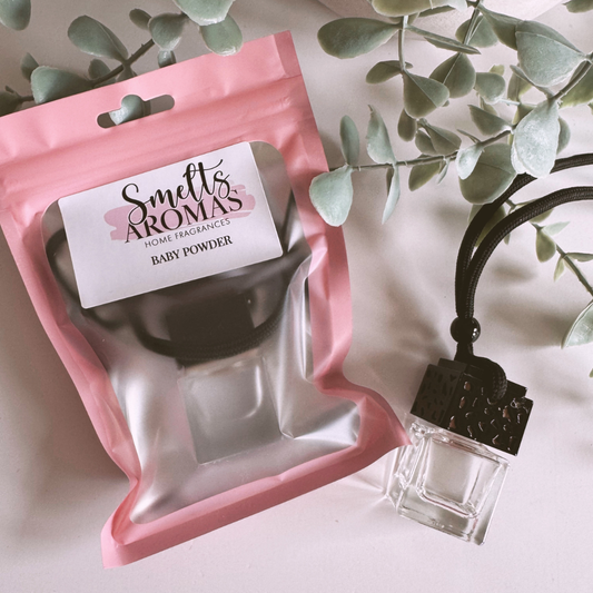 Baby Powder Car Perfume by Smelts Aromas – handmade car air freshener with rose, jasmine, geranium, and powdery fragrance for a clean, comforting scent.