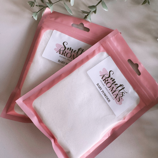 Baby Powder Carpet Freshener by Smelts Aromas – handmade soft floral and powdery home fragrance with rose, jasmine, and geranium for fresh, clean carpets.