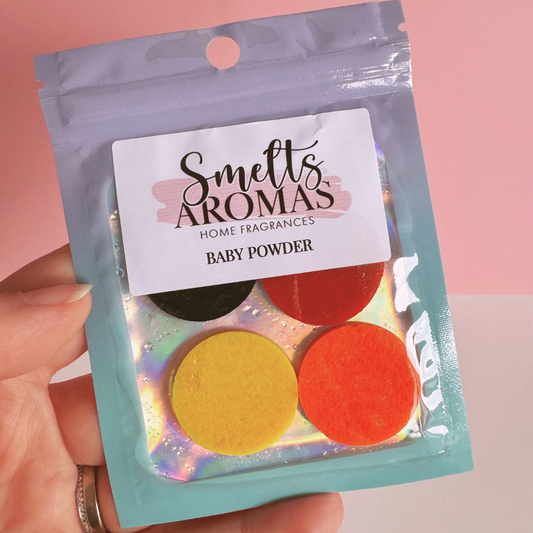 Baby Powder Hoover Discs by Smelts Aromas – handmade vacuum scent boosters with rose, jasmine, and geranium powdery fragrance for a clean, fresh-smelling home.