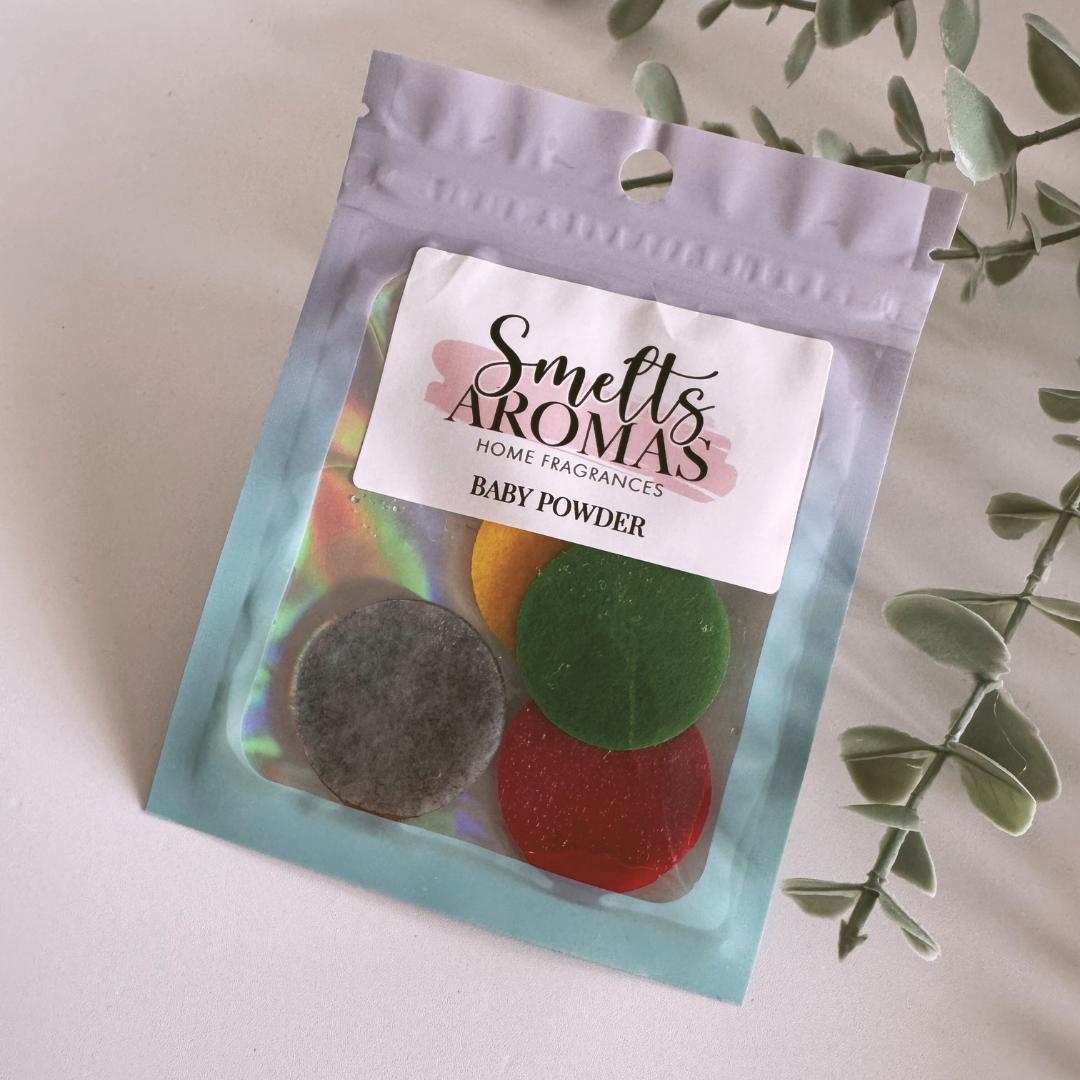 Baby Powder Hoover Discs by Smelts Aromas – handmade vacuum scent boosters with rose, jasmine, and geranium powdery fragrance for a clean, fresh-smelling home.