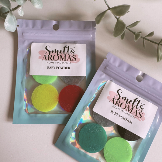 Baby Powder Hoover Discs by Smelts Aromas – handmade vacuum scent boosters with rose, jasmine, and geranium powdery fragrance for a clean, fresh-smelling home.