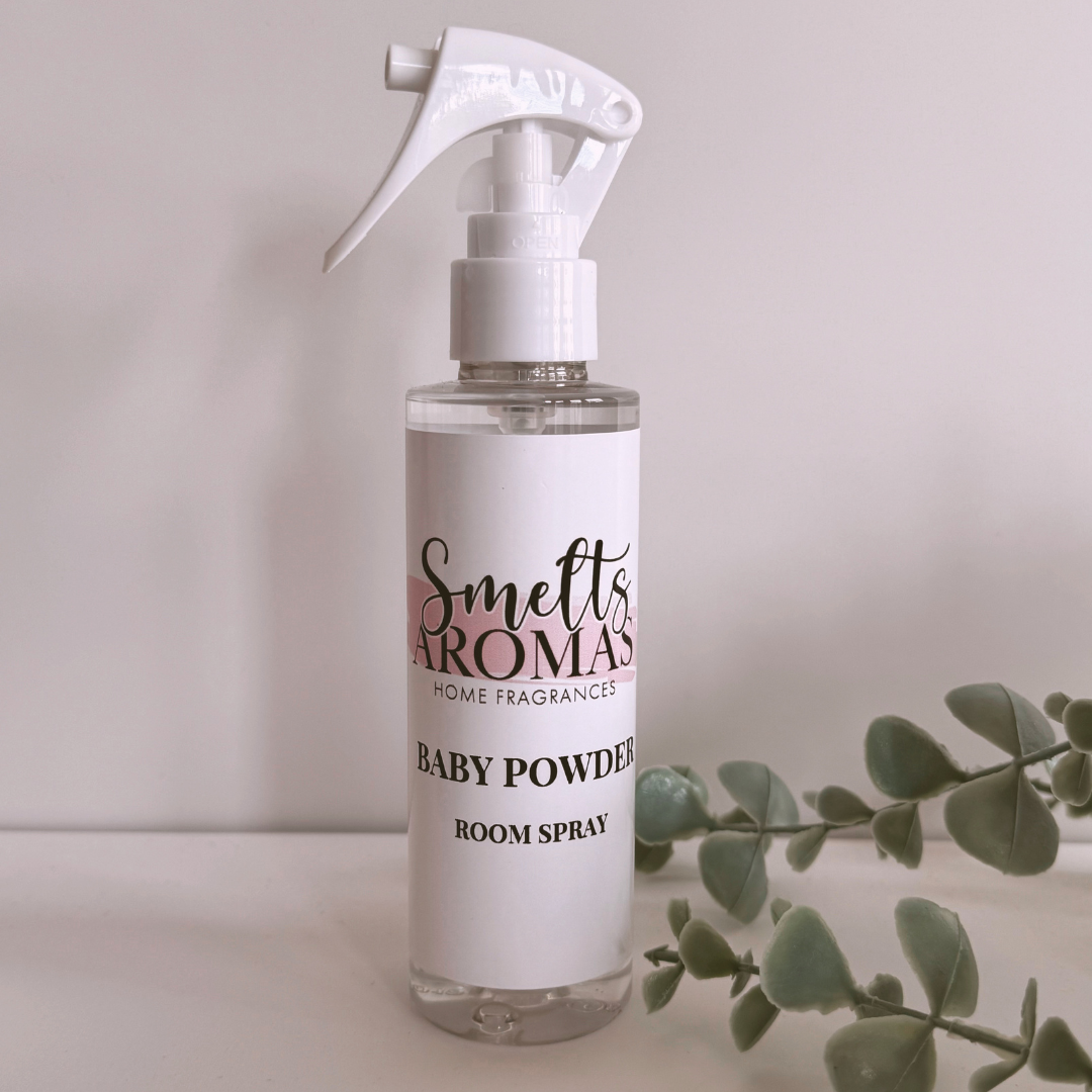 Baby Powder Room Spray by Smelts Aromas – handmade floral and powdery home fragrance with rose, jasmine, and geranium for a clean, comforting scent.