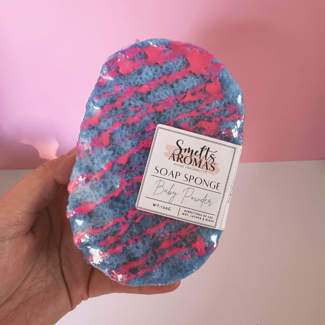 Baby Powder Soap Sponge by Smelts Aromas – handmade exfoliating sponge with soft baby powder fragrance for gentle cleansing and smooth skin.