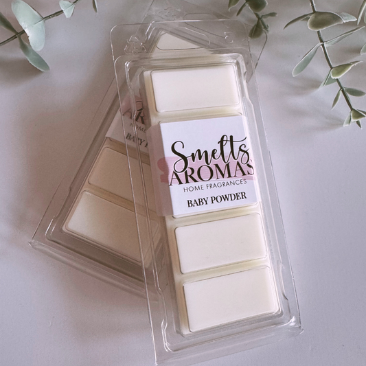 Baby Powder Wax Melt by Smelts Aromas – handmade powdery floral wax melt with rose, jasmine, and geranium fragrance for a clean, comforting home scent.