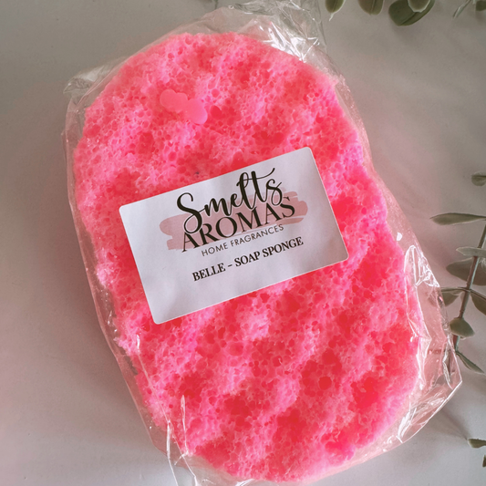 Belle Soap Sponge by Smelts Aromas – handmade fruity and floral sponge with pear, blackcurrant, orange blossom, and jasmine fragrance for soft, scented skin.
