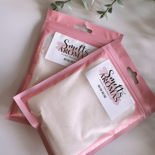 Bum Bum Carpet Freshener by Smelts Aromas – handmade fruity and tropical home fragrance with coconut, peach, jasmine, and vanilla for a clean, summer-fresh scent.