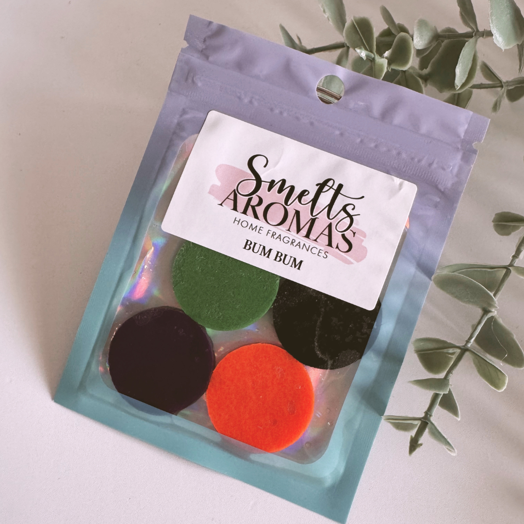 Bum Bum Hoover Discs by Smelts Aromas – handmade tropical vacuum scent boosters with coconut, peach, jasmine, and vanilla for a fresh, fruity home fragrance.