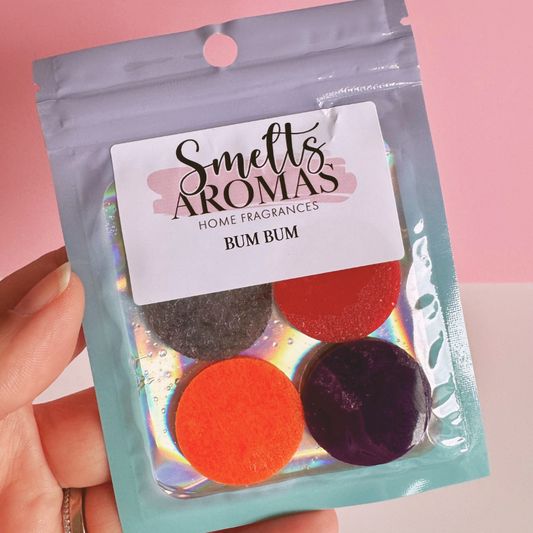 Bum Bum Hoover Discs by Smelts Aromas – handmade tropical vacuum scent boosters with coconut, peach, jasmine, and vanilla for a fresh, fruity home fragrance.