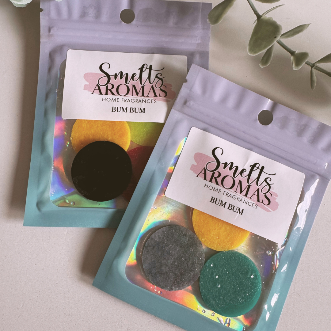 Bum Bum Hoover Discs by Smelts Aromas – handmade tropical vacuum scent boosters with coconut, peach, jasmine, and vanilla for a fresh, fruity home fragrance.
