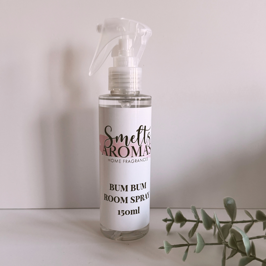 Bum Bum Room Spray by Smelts Aromas – handmade tropical home fragrance spray with coconut, peach, jasmine, and vanilla for a warm, fruity scent.