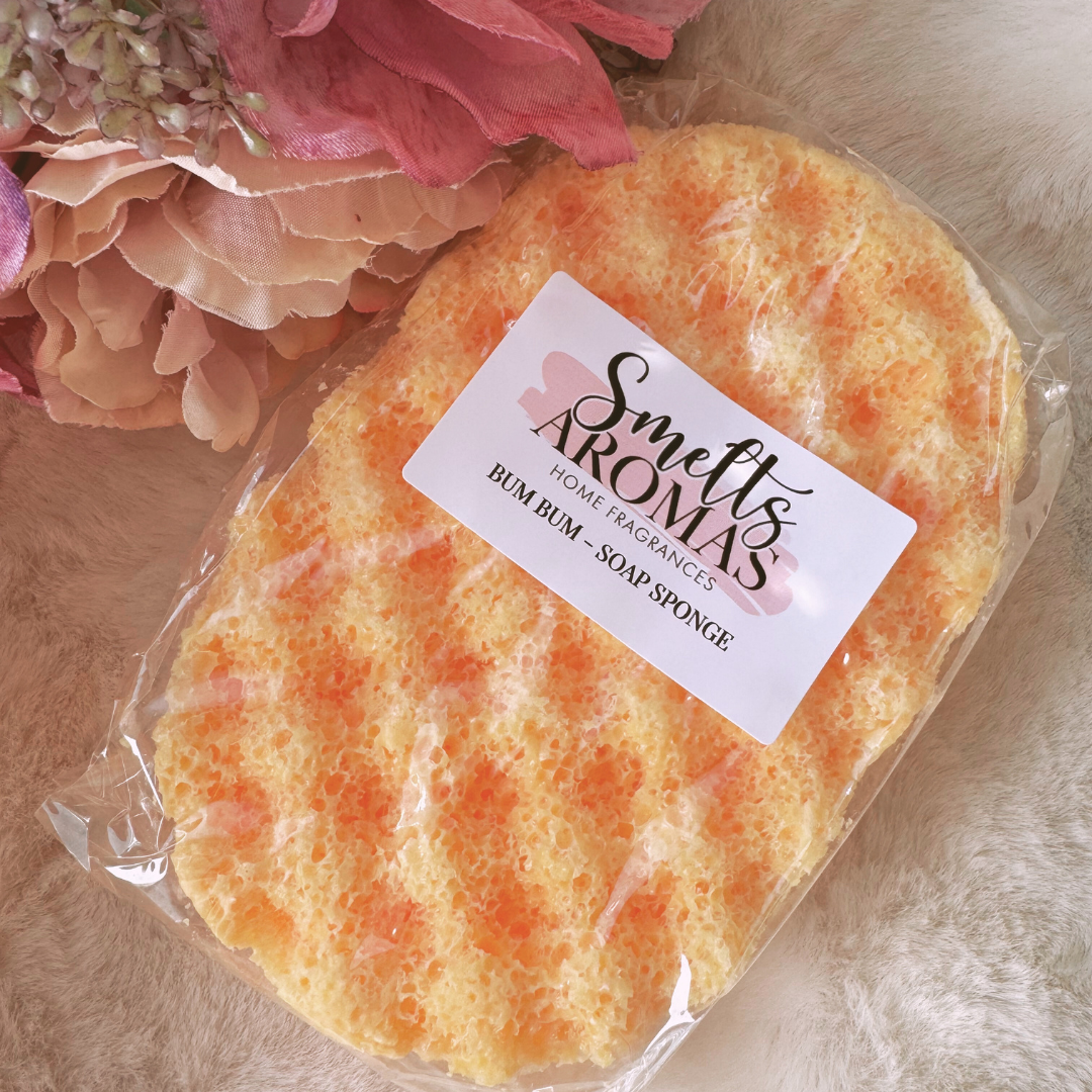 Bum Bum Soap Sponge by Smelts Aromas – handmade tropical exfoliating sponge with coconut, peach, jasmine, and vanilla fragrance for smooth, scented skin.