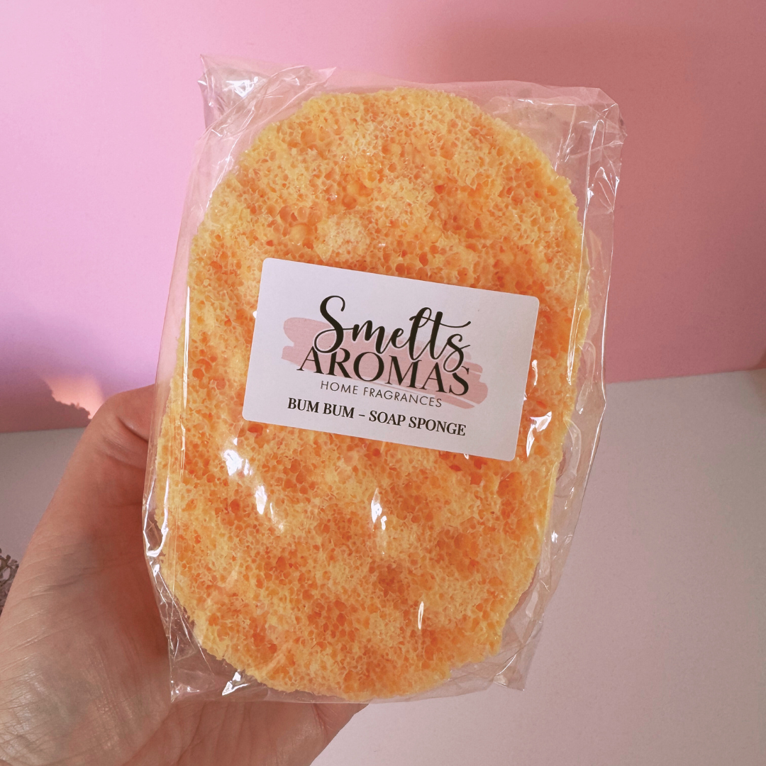 Bum Bum Soap Sponge by Smelts Aromas – handmade tropical exfoliating sponge with coconut, peach, jasmine, and vanilla fragrance for smooth, scented skin.