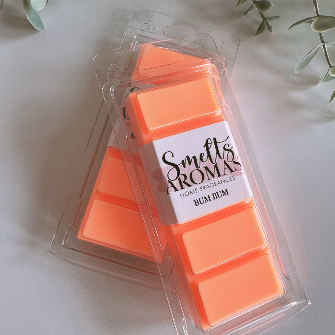 Bum Bum Wax Melt by Smelts Aromas – handmade tropical wax melt with coconut, peach, jasmine, and vanilla for a warm, fruity, and exotic home scent.