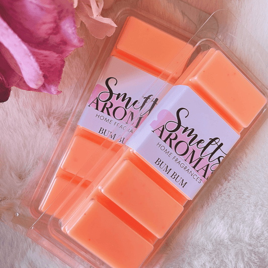 Bum Bum Wax Melt by Smelts Aromas – handmade tropical wax melt with coconut, peach, jasmine, and vanilla for a warm, fruity, and exotic home scent.