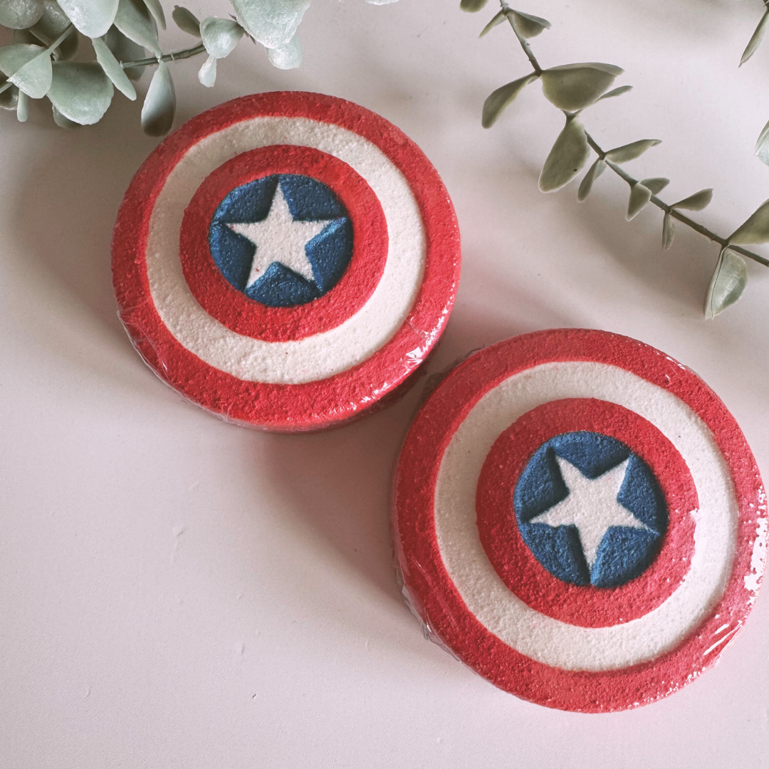 Captain Bath Bomb Cranberry Crush by Smelts Aromas – superhero fruity bath bomb with cranberry, strawberry and peach fragrance.