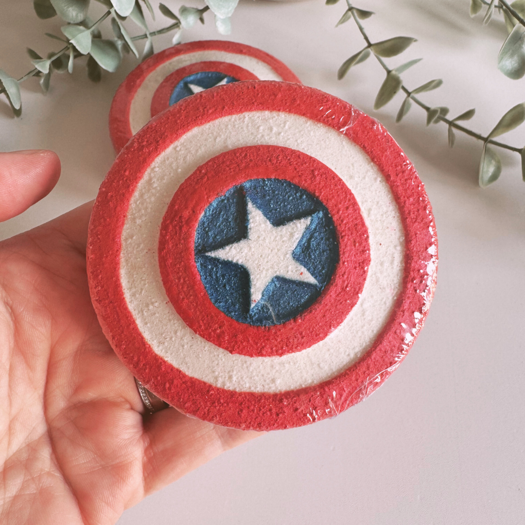 Captain Bath Bomb Cranberry Crush by Smelts Aromas – superhero fruity bath bomb with cranberry, strawberry and peach fragrance.