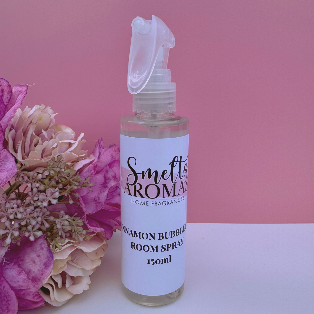 Cinnamon Bubblegum Room Spray by Smelts Aromas – handmade fruity and sweet home fragrance spray with bubblegum, vanilla, banana, and cinnamon for a fun, uplifting scent.