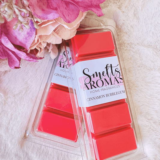 Cinnamon Bubblegum Wax Melt by Smelts Aromas – handmade fruity and sweet wax melt with bubblegum, banana, vanilla, and cinnamon for a fun, comforting home scent.
