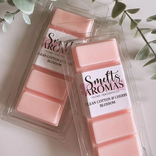 Clean Cotton & Cherry Blossom Wax Melt by Smelts Aromas – fresh linen and floral home fragrance.