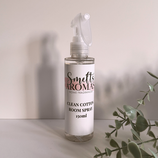 Clean Cotton Room Spray by Smelts Aromas – powdery musk, violet and orange blossom fresh laundry home fragrance.