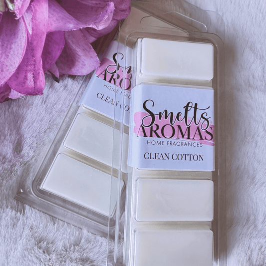 Clean Cotton Wax Melt by Smelts Aromas – handmade fresh linen and floral wax melt with violet, jasmine, and orange blossom for a clean home scent.