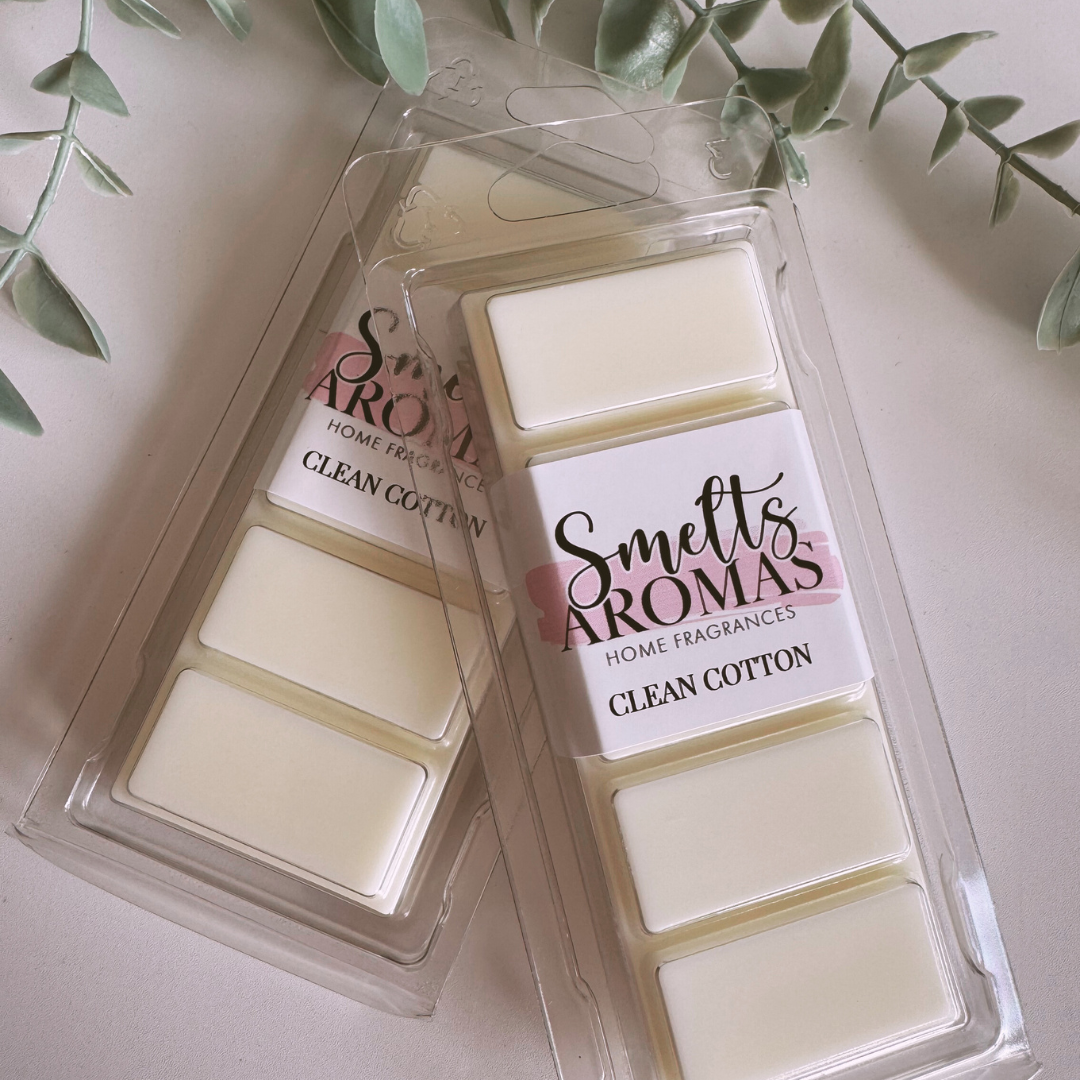 Clean Cotton Wax Melt by Smelts Aromas – handmade fresh linen and floral wax melt with violet, jasmine, and orange blossom for a clean home scent.