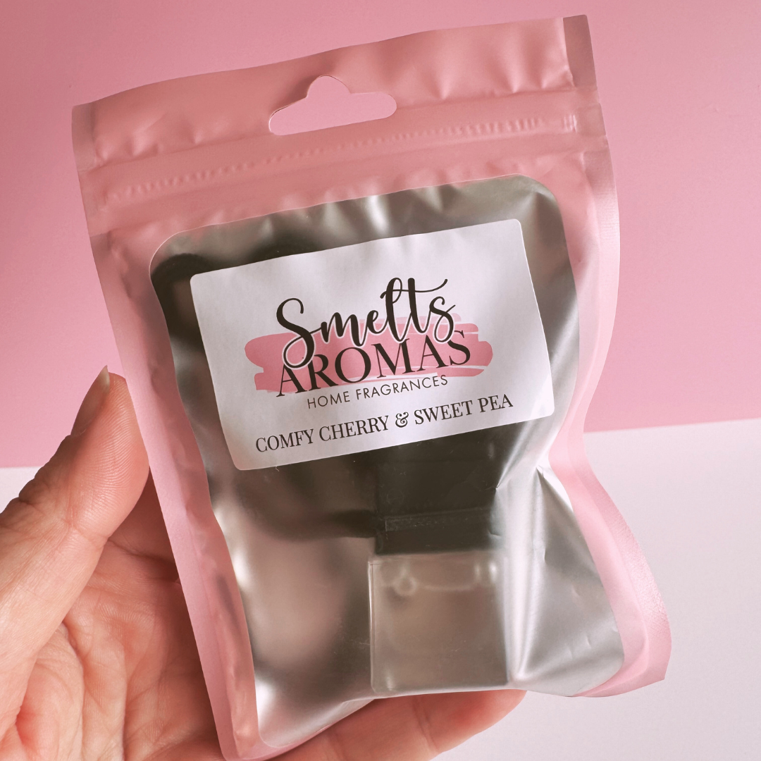 Comfy Cherry & Sweet Pea Car Perfume by Smelts Aromas – handmade floral and fruity car air freshener with cherry blossom, peach, rose, and sweet pea for long-lasting freshness.