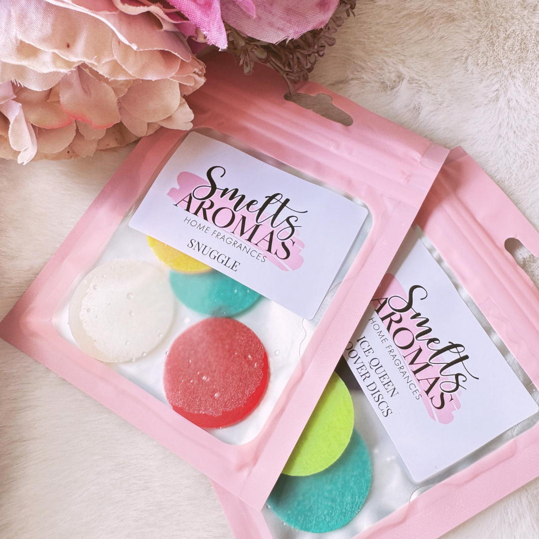 Comfy Cherry & Sweet Pea Hoover Discs by Smelts Aromas – handmade floral and fruity vacuum scent boosters with cherry blossom, rose, peach, and sweet pea for a fresh, cosy home fragrance.