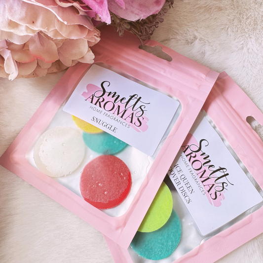 Comfy Cherry & Sweet Pea Hoover Discs by Smelts Aromas – handmade floral and fruity vacuum scent boosters with cherry blossom, rose, peach, and sweet pea for a fresh, cosy home fragrance.