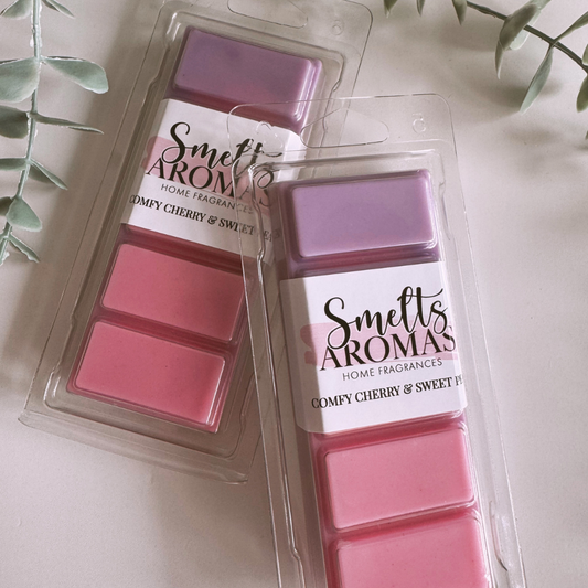 Comfy Cherry & Sweet Pea Wax Melt by Smelts Aromas – handmade floral and fruity wax melt with cherry blossom, rose, peach, and sweet pea for a cosy, fresh home fragrance.
